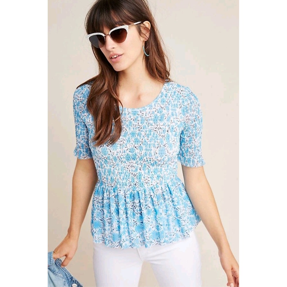 NWOT Maeve by Anthropologie Ashton Blue Floral Smocked Mesh‎ Peplum Top XS